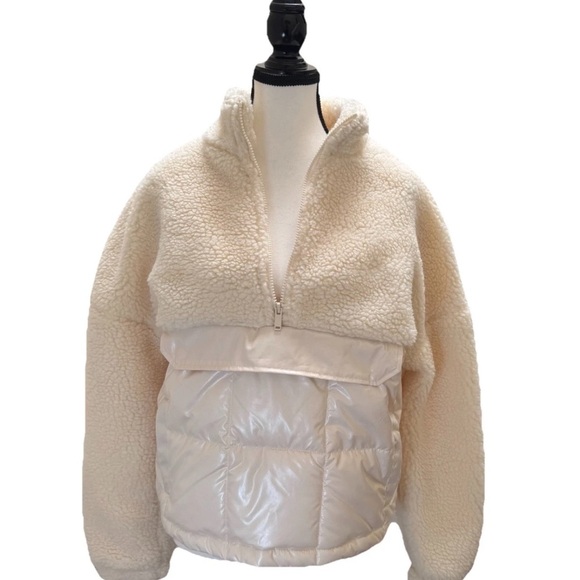 Fabletics Nelly Mixed Media Half Zip Women's Cream Jacket Size S Sherpa Puffer - Picture 3 of 9